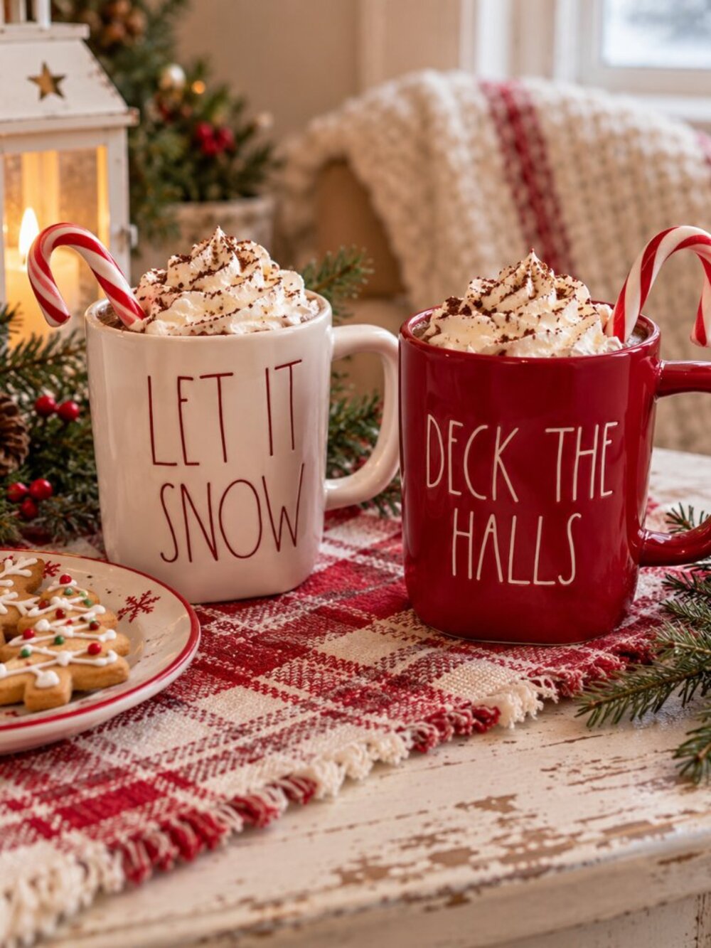 Rae Dunn Christmas Mugs Set of 2 Let It Snow & Deck the Halls Red White